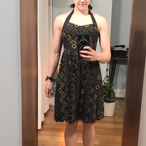 Anthropologie navy blue halter fit and flare dress